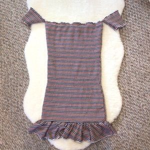 Vici Striped Smocked Off Shoulders Body Con Dress